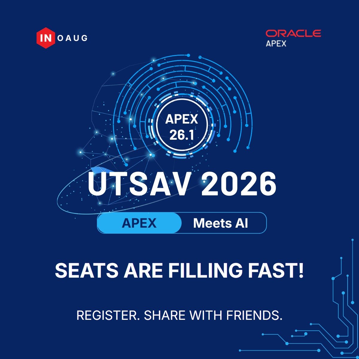 inoaug's tweet photo. 🚀 Seats are Filling Fast for INOAUG – Oracle APEX AI UTSAV 2026!

Join us as Oracle APEX 26.1 meets AI and be part of an exciting day of learning, innovation, and community.

🔗 https://t.co/s3RKpZQgxO

#Oracle #orclAPEX #APEX26 #AI #LowCode #APEXUtsav2026 #INOAUG https://t.co/FE68J4XBHo
