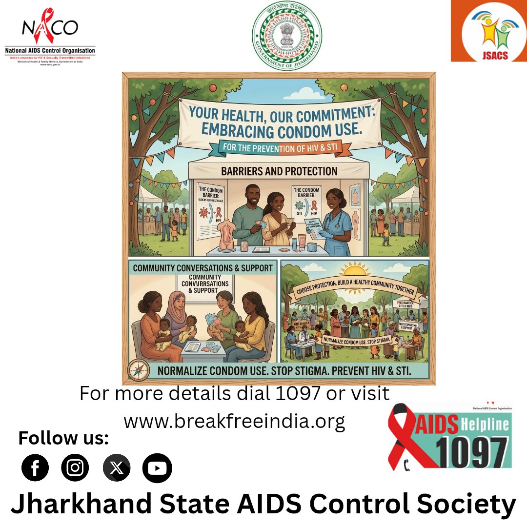 JharkhandAids's tweet photo. Your health is our commitment. Normalize condom use, stop stigma, and prevent HIV & STIs. Choose protection to build a healthier community together.
For details, dial 1097 or visit https://t.co/PUuNtv1CEO. 🛡️✨
#JSACS #SafeSex #EndHIV https://t.co/e7QQAT89RB