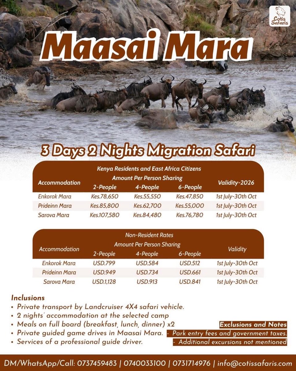 CotisSafaris's tweet photo. Witness the epic Maasai Mara Wildebeest Migration in ultimate comfort and safety with our exclusive safari offers.
Book your front-row seat to adventure today! 👇
☎️ +254 740 033 100
📧 info@cotissafaris.com
#CotisSafaris #WildebeestMigration #MaasaiMara #KenyaSafari #Kenya https://t.co/9SedxNamHg