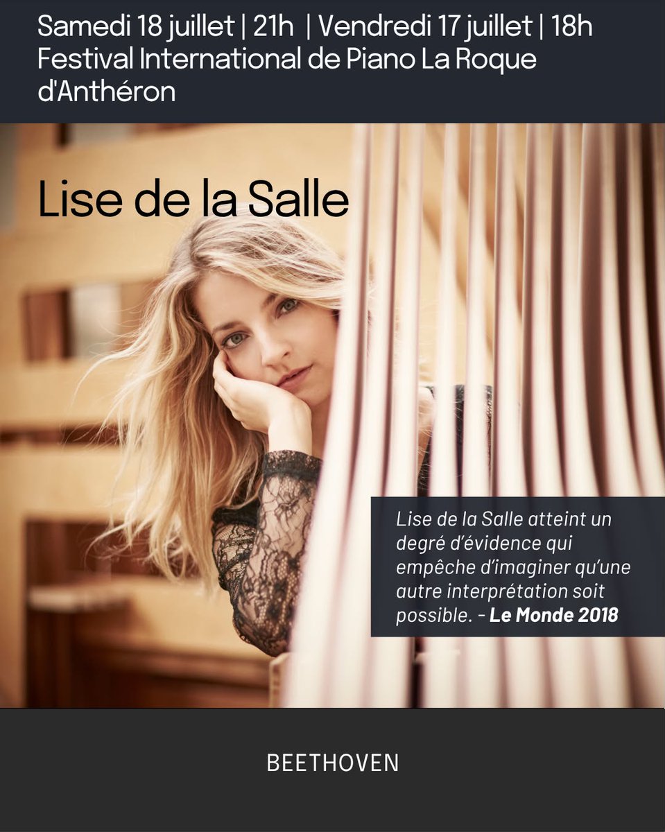 lisedelasalle's tweet photo. Festival International de Piano de La Roque d'Anthéron
▪️ #rencontre 17/07 | 18h avec @jburbain @francemusique 
▪️ #concert 18/07 | 21h avec Kristiina Poska &amp; l'Orchestre de Chambre de Paris
🎶 Beethoven : Concerto pour piano n° 5 ...
👇 En savoir plus 
https://t.co/HjOvp6T8NX https://t.co/TfOBLYCLYY