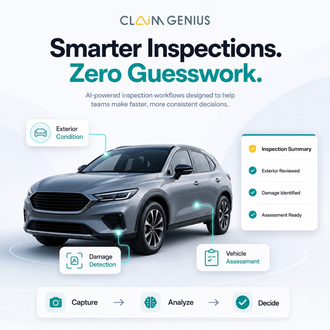ClaimGenius's tweet photo. Smarter inspections. Zero guesswork.

Claim Genius uses AI-powered inspection workflows to identify damage, assess vehicle condition, and help teams make faster, more consistent decisions.

Learn more: https://t.co/1N309Rgz6Z https://t.co/4cjNXuQGaB