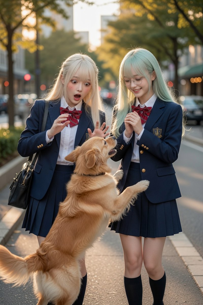 kiyomana's tweet photo. #AI月曜日の制服少女
フォトリアルとアニメ調にチャレンジしました。
仲良し姉妹が下校中に犬さんに飛び掛かられてビック��シーンです☺

＃AI推し姫 https://t.co/vljcA11qKE