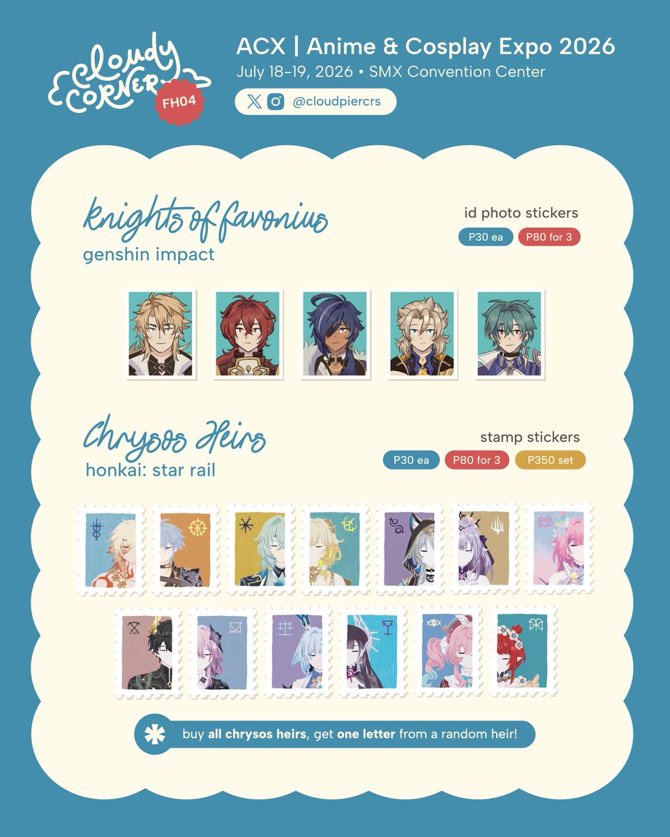 cloudpiercrs's tweet photo. poppin in irl at #ACX2026 this week, my very first tabling event !!! so so excited :')))

july 18-19, smx convention center
📍table FH04 with studio ryoki &amp; @Che_Sue00 
☁️genshin, hsr, wha
🌞dm for reservations! open until 7/16~ 

#fanfairatacx2026 https://t.co/t4FElUwBFA