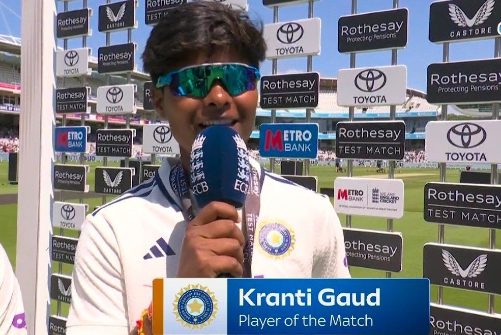 SportsNexusNews's tweet photo. 🚨 KRANTI GAUD – THE HISTORY MAKER AT LORD'S! 🇮🇳😍
Won the Test match
First woman to take a five-wicket haul at Lord's in a Test
First woman to win the Player of the Match award in a Test at Lord's
A dream debut at the Home of Cricket.
#KrantiGaud #TeamIndia #INDWvENGW #Lords https://t.co/E2WCh1nfOI