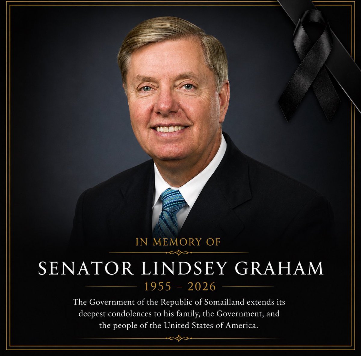 somalilandmfa's tweet photo. We extend our deepest condolences to Senator #LindseyGraham’s family and to the Government and people of the United States.

A distinguished statesman and valued friend of Somaliland, his support for stronger #US-#Somaliland #relations leaves a lasting #legacy. https://t.co/iXtYErl8OE