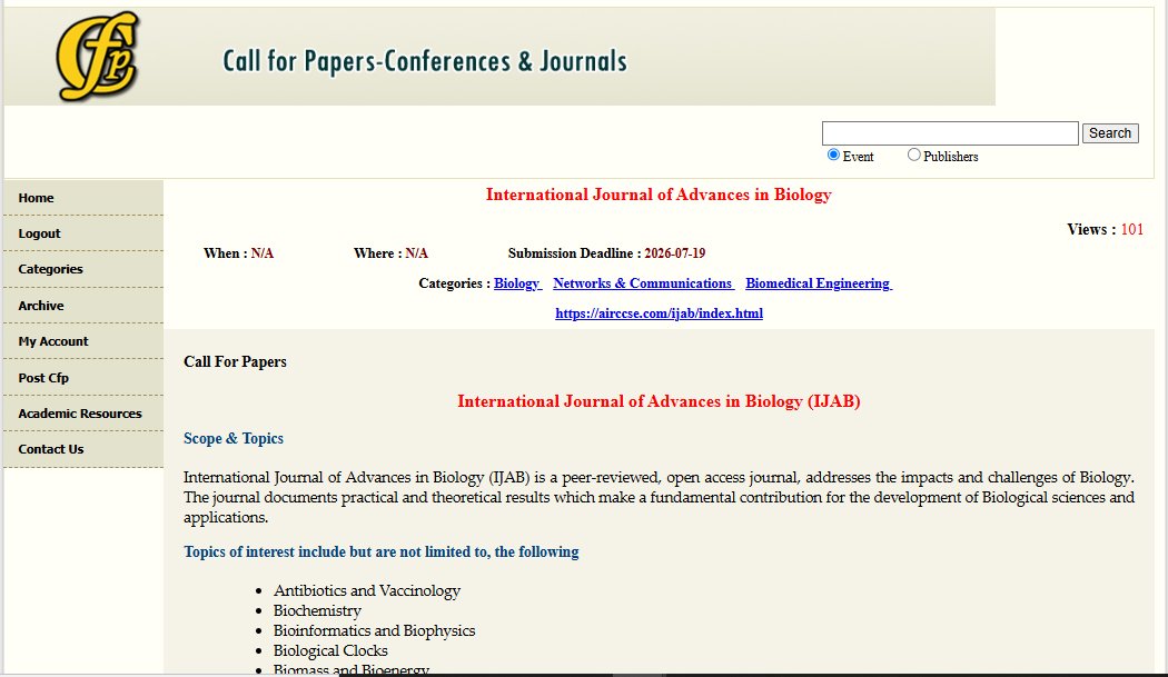 IJAB233791's tweet photo. #microbiology #biology #science #biotechnology 

International Journal of Advances in Biology (IJAB)
ISSN : 2394 - 0808
Submission Deadline : July 19, 2026
WEBPAGE URL; https://t.co/j77Bqj5Vmb
Paper submission link : https://t.co/RnU6eDhYzQ
Contact Us:ijab@aircconline.com https://t.co/YwCWw54WTp