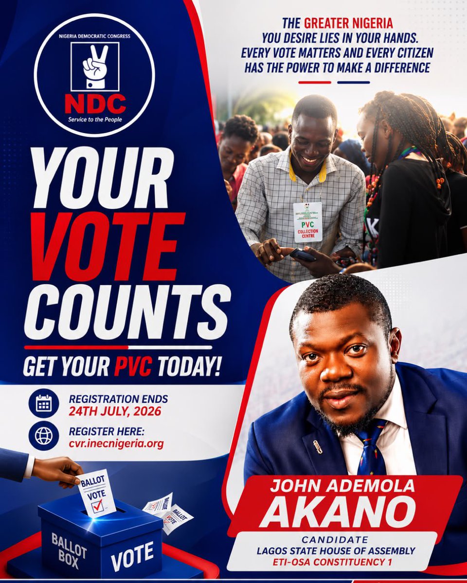 HonAkanoJohn's tweet photo. Your vote counts! Don’t be deceived by anyone who tells you otherwise.

Every vote matters, and every citizen has the power to make a difference. Keep your PVC ready, stay informed, and be prepared to participate in shaping the future we all desire.

2027 elections is around the corner, and we are ready!

Hon. John Ademola AKANO
Candidate, Lagos State House of Assembly
Eti-Osa Constituency I

#ndc #lagos