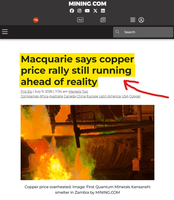 MisfitsHouston's tweet photo. Copper traders are pricing the future while physical buyers are still dealing with the present.

Macquarie says the move from below $12,000/t in March to above $14,000/t in May was driven heavily by positioning, short covering and tariff-related flows. Chinese buyers have stepped back, inventories are elevated and spot premiums remain soft.

But the mine side is still struggling.

Guidance from the 17 largest producers was cut by 199,000 tonnes, while Kamoa-Kakula and Grasberg continue to operate below earlier expectations.

That tension is why NovaRed Mining Inc ( $NRED | $NREDF ) stays on my radar. Near-term copper can correct while the industry still needs new exploration success over the next decade.

MetalCore sharpens the targets. Wilmac provides the ground.

Just sharing my market thoughts, not a suggestion.

$MARA $TSLA $AMZN