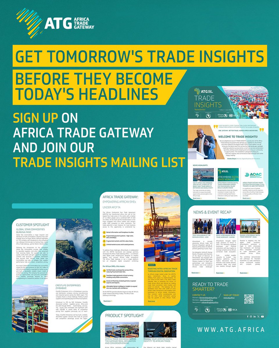 afreximdigital's tweet photo. The next edition of Trade Insights is on its way.
Register with Africa Trade Gateway today and unlock access to the insights, opportunities, and connections shaping the future of trade across Africa. From key policy developments and macroeconomic updates to emerging cross-border opportunities, you'll have the knowledge you need to stay ahead.
Register today: https://t.co/ATm6RBDiXM
#AfricaTrade #AfCFTA #CrossBorderTrade #TradeInsights #AfricanBusiness #Afreximbank