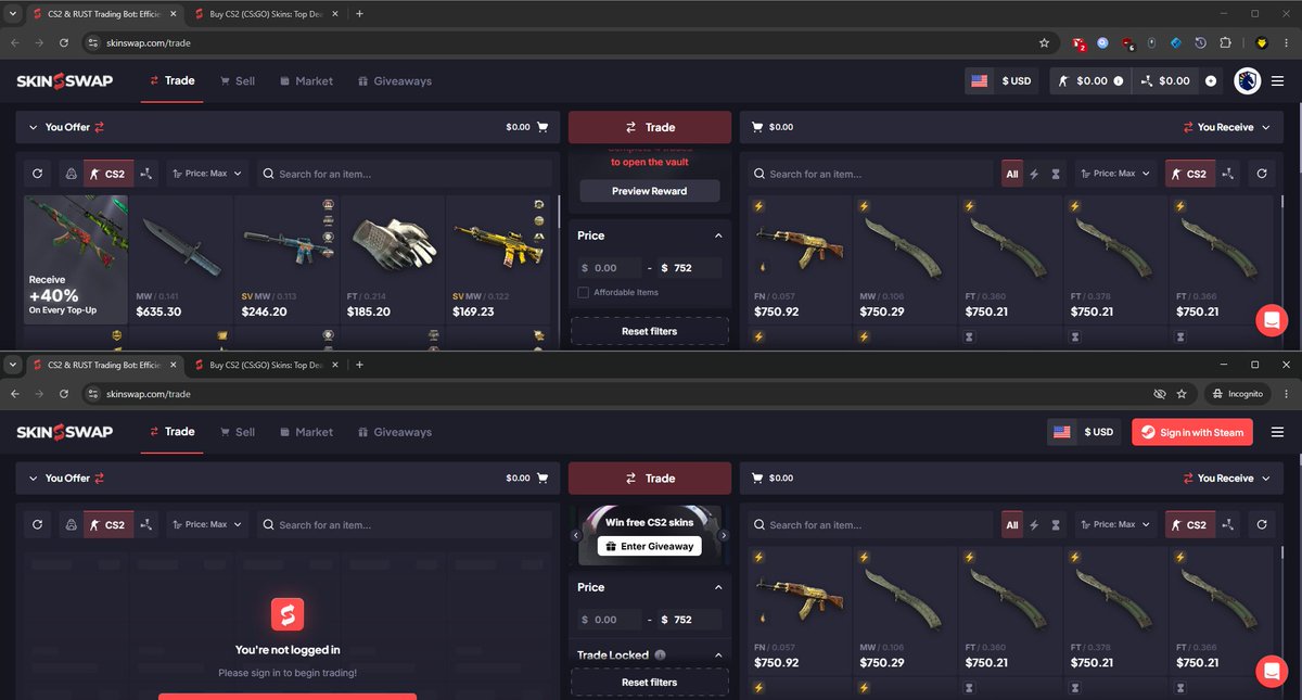 exspecTCS's tweet photo. Hey @csgoskins_gg could you update @Skinswapcom's fees regarding trading?
My Items getting ~7% lower priced as soon as I'm logged in (also on their inventory) but other items stay the same. Compared to the Steam market fees would be ~19-20%/~16-17% to Skinswap's Inventory. https://t.co/I2IgvDxODP