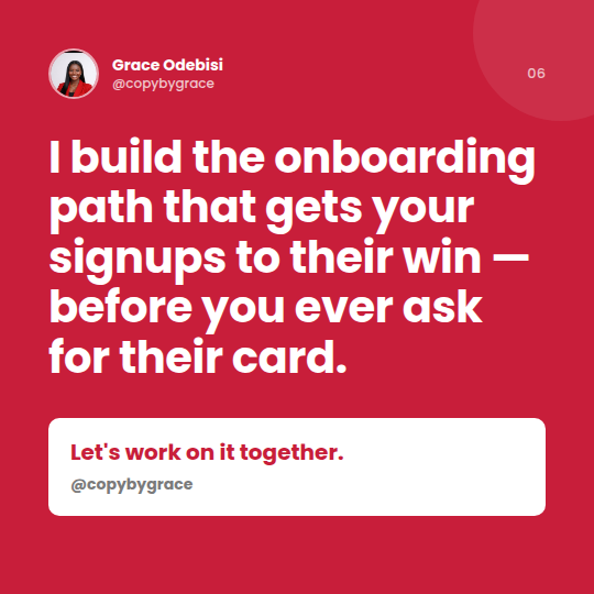 copybygrace's tweet photo. I build that onboarding path, the one that gets your signups to their win before you ever ask for their card.
If your ad spend keeps climbing and your revenue doesn't follow
Dm or Comment REVENUE so we fix it together
#saasfounder #marketing #saasstartup #fundedfounder https://t.co/2NO1WQCY5p