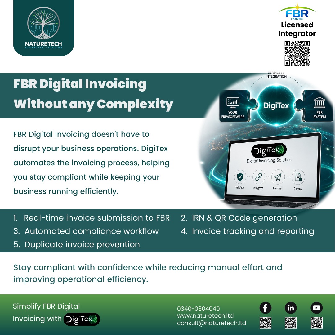 Naturetech_IT's tweet photo. The smarter way to stay FBR compliant without slowing your business.
Contact
📞 +92 340 0304040
💬https://t.co/YXABbRA13o
📧 consult@naturetech.ltd
Or Visit
🌐 https://t.co/eyWAQ4bfM0
#NatureTech #DigiTex #FBRCompliance #FBRDigitalInvoicing #DigitalTransformation https://t.co/lm2JGphqVi