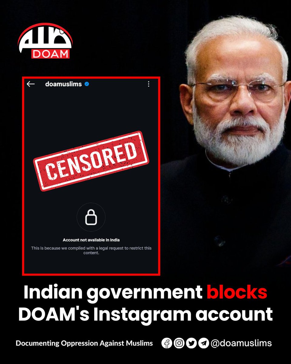 doamuslims's tweet photo. The Modi-led government has blocked our Instagram account in India. They have also blocked our Telegram and X accounts. 

For those in India, follow our backup accounts: 

🔗 Telegram: https://t.co/eqI6IBbeTD
🔗 WhatsApp: https://t.co/KXKuTBo82W
🔗 UpScrolled: https://t.co/jtywoVvXRi
🔗 Instagram: https://t.co/YIGNJKd8Jh