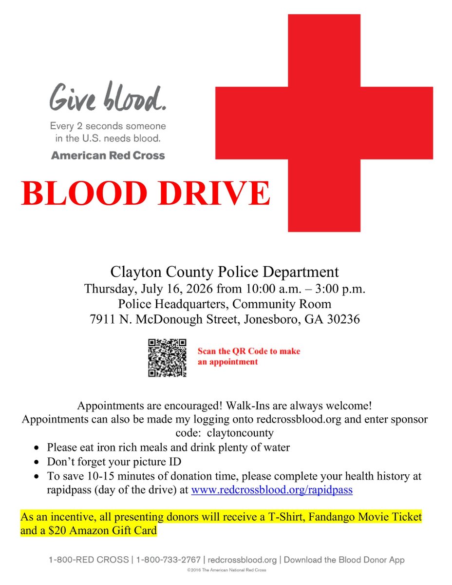 ClaytonCountyGA's tweet photo. Clayton County Police Department will be hosting an American Red Cross Blood Drive on Thurs., July 16, 2026, at Police Headquarters, 10 a.m. - 3 p.m. in the Community Room. Book an appointment by visiting https://t.co/Cu6Djb8jSK using the sponsor code: claytoncounty https://t.co/ipPzH6v20f