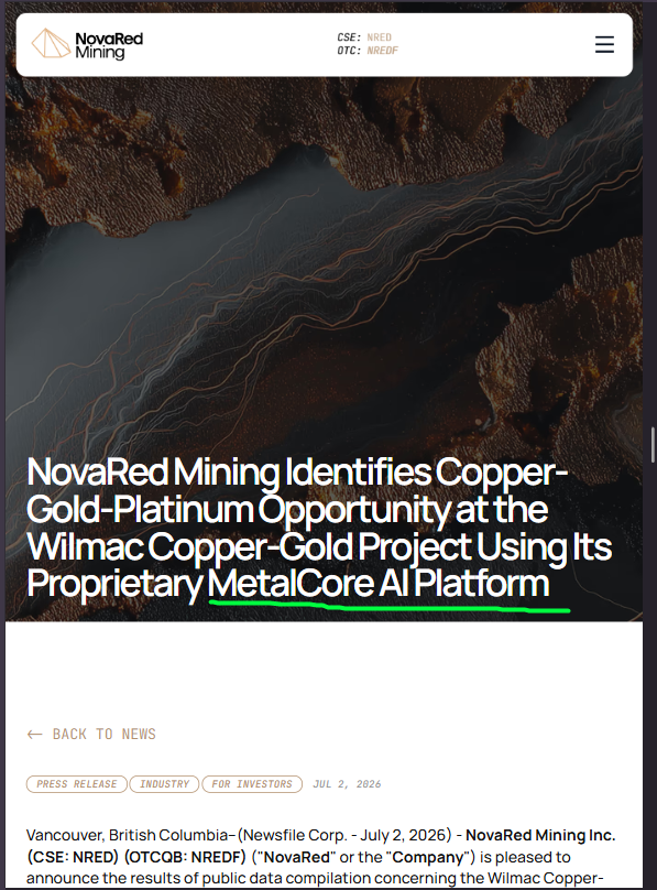 gapec64815485's tweet photo. Listen up, BC resource investors, this announcement made the province’s strategic value even harder to ignore.

Teck plans to invest up to C$850M at Trail Operations, while Canada may contribute as much as C$400M through a structure linked to the facility’s production value.

That is serious support for British Columbia’s mineral-processing ecosystem.

And this is why I keep coming back to $NRED / $NREDF.

Wilmac is also in BC, approximately 10 km west of Copper Mountain, with 16,078 hectares of copper-gold exploration ground. NovaRed is combining that land position with MetalCore AI, a newly appointed CTO, and potential computer-vision technology aimed at exploration and mining applications.

Teck is strengthening the processing end of Canada’s supply chain.

NovaRed is working on the discovery and intelligent-exploration end.

Different stages, same national direction.

Past performance does not guarantee future results.

$LWLG $NTSK $DOW