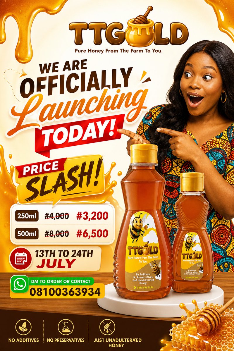 TeeTeeGoldFood's tweet photo. We're excited to officially welcome TTG Gold Pure Honey to your homes and tables. 🍯💛

This is more than a product launch—it's the beginning of a sweeter experience, one that brings quality you can trust and taste you'll love.

Ready to be among the first.
#Teeteegoldfood #Honey https://t.co/0BupNxVZiJ