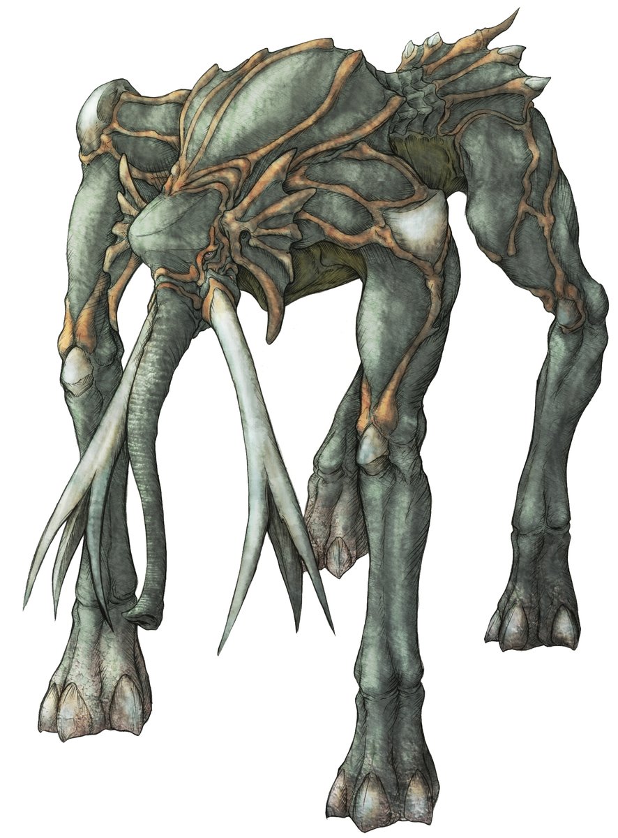kadokurayasushi's tweet photo. 【足長象】 
戦闘用に品種改良され生み出された長い脚を持った巨大な象。歩幅が長いので移動速度は速く通常弱点となる腹部も分厚い革に保護された無敵の存在。 https://t.co/W2kkN7w1qN