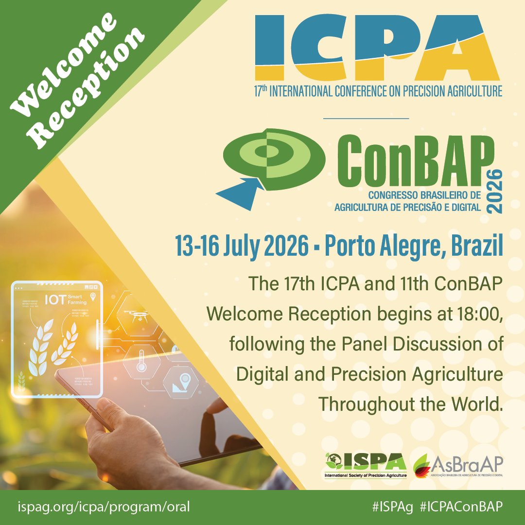 IntSoPA's tweet photo. The 17th International Conference on Precision Agriculture and 11th Brazilian Congress on Precision and Digital Agriculture Welcome Reception begins at 18:00. The conference Welcome Reception is located at PUCRS Event Center.
#ISPAg #ICPAConBAP https://t.co/bs2Xmx2uMw