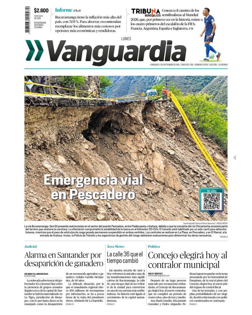 vanguardiacom's tweet photo. ☀️ ¡Buenos días y feliz Lunes!
🗞️ Les compartimos la #PortadaVanguardia de hoy.

🚧 Emergencia vial en Pescadero.
⚠️ Alarma en Santander por desaparición de ganadero.
🗳️ Concejo elegirá hoy al contralor municipal.

🔍 ¡Y hay mucho más!
📲 Léalo completo en: https://t.co/Q4Rmp0Wifz