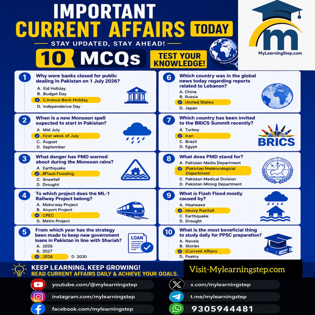 mylearningstep's tweet photo. 📰 Important Current Affairs MCQs. Test your knowledge with 10 important questions covering monsoon updates, BRICS, PMD, CPEC and international news.
#CurrentAffairs #CurrentAffairs2026 #GK #DailyGK #MCQ #CompetitiveExams #PPSC #MyLearningStep https://t.co/Zaj38jFNce