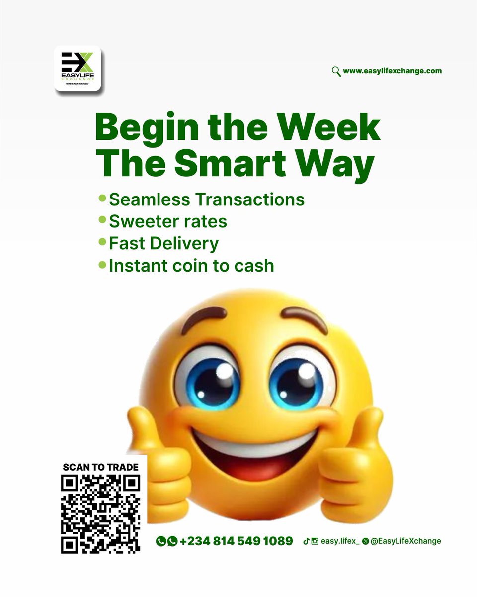 EasyLifeXchange's tweet photo. Start Your Week the Smart Way with EASYLIFEXCHANGE
In a world that moves at full speed, your finances shouldn’t slow you down. Begin this week with confidence, clarity, and control by partnering with EASYLIFEXCHANGE — your trusted gateway for seamless digital asset management.

Why Choose EASYLIFEXCHANGE?
Seamless Transactions Enjoy a fully streamlined platform designed for speed and simplicity. From registration to completion, every step is intuitive, secure, and hassle-free — no complicated processes, no unnecessary delays.
Sweeter Rates Benefit from highly competitive exchange rates that consistently work in your favor. We cut out hidden fees and deliver transparent, market-beating pricing so you maximize every conversion.
Fast Delivery Time is money. Our advanced infrastructure ensures rapid processing and swift fund delivery, so you can move forward with your plans without waiting.
Instant Coin to Cash Convert your cryptocurrency to local currency instantly and securely. Whether you need immediate liquidity for business, personal use, or opportunities, your funds are available exactly when you need them.

More Than Just an Exchange
At EASYLIFEXCHANGE, we prioritize your peace of mind with bank-grade security, 24/7 dedicated support, and a commitment to building long-term trust. Our platform is built for both beginners and seasoned traders who demand reliability without compromise.

Don’t just keep up with the week — get ahead of it. Make smarter moves, enjoy better returns, and experience finance the way it should be: effortless and rewarding.

Only at EASYLIFEXCHANGE.
Ready to elevate your week? Visit us today and discover the smarter way to exchange, convert, and grow.
EASYLIFEXCHANGE — Seamless. Sweet. Swift.

Start trading today →​​​​​​​​​​​​​​​​​​​​​​​​​​​​​​​​​​​​​​​​​​​​​​​​​​https://t.co/qRCu2Qp3tc visit us now.