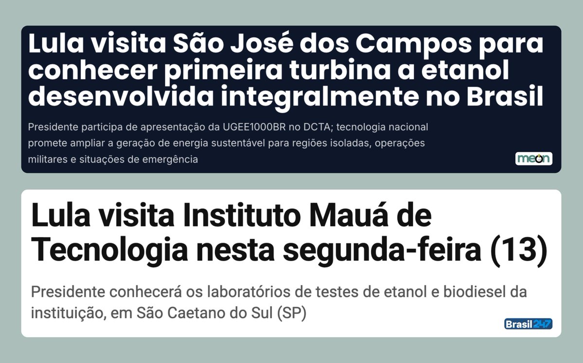 LulaOficial's tweet photo. Abro a semana de trabalho no estado de São Paulo. Farei uma visita nesta manhã aos laboratórios de testes em etanol e biodiesel do Instituto Mauá de Tecnologia, em São Caetano do Sul. 

No início da tarde, desembarco em São José dos Campos para conhecer o projeto da primeira turbina a gás para geração de energia elétrica movida a etanol, no Instituto de Aeronáutica e Espaço. 

Símbolos de um Brasil de vanguarda na transição energética. 

Boa semana a todos.