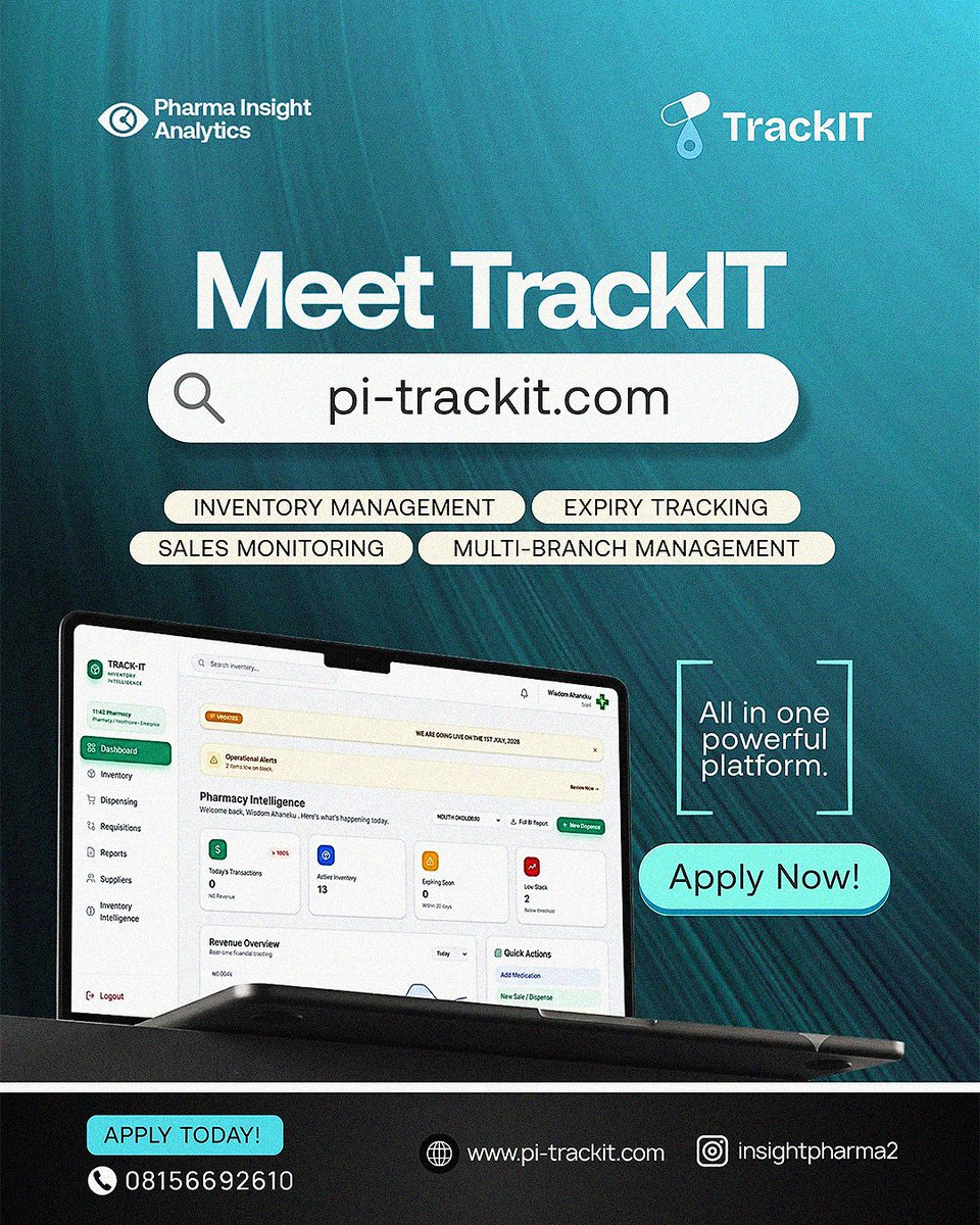 insight_pharma's tweet photo. We didn't just launch a product. We're building a team. 🚀
TrackIT is live  solving real problems for pharmacies nationwide.
No stock. No inventory. Just commissions on every business you bring in.
If you can sell, we'll pay you to prove it.
📞 08156692610
 pi-trackit. https://t.co/SfPzJtZd7L