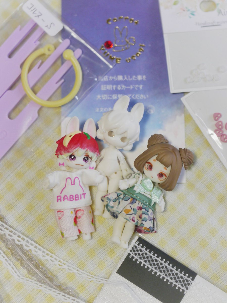 usupextan2's tweet photo. @Mt_neko_ken さまから夢うさちゃんご縁を結べました🎀
この子はノーメイクで型紙とったり試着をお願いしたりで頑張ってもらおうと思います🙏

資材関係もちらほら購入をして、憧れの @awonori8823 さまのコルヌーも買う事が出来ました👏✨
小さいリボン作るのが楽しいです🎀
#注文多い猫店　#夢うさ https://t.co/fAbLiVuh97