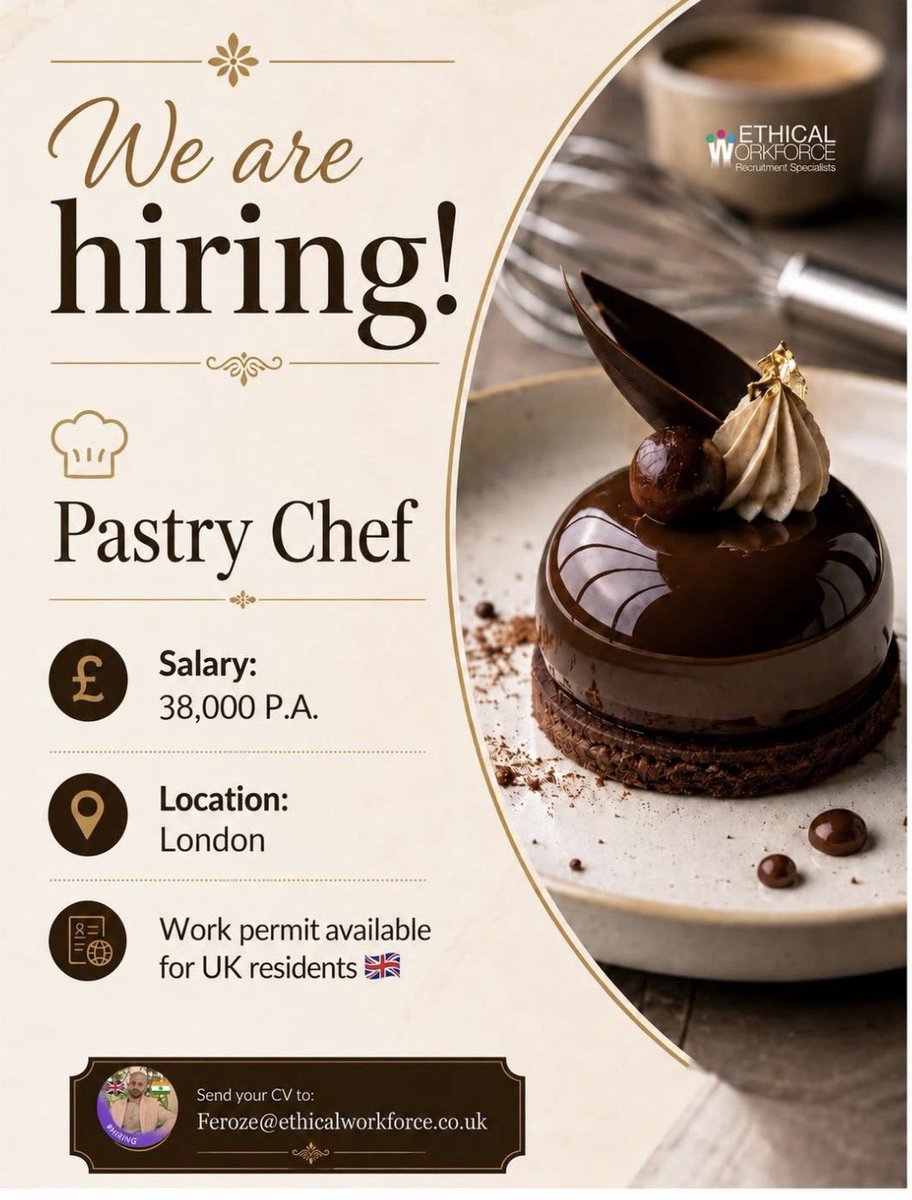 EthicalWorkF's tweet photo. We are currently seeking a Pastry Chef for a fine dining restaurant in London. 

- Salary: Up to £38,000 💰 
- Work permit available for UK residents 🇬🇧 

Interested candidates are encouraged to send their CV to jobs@ethicalworkforce.co.uk. 

#chefjobs #indian #jobs #vacancies https://t.co/E2Wufqp5DD