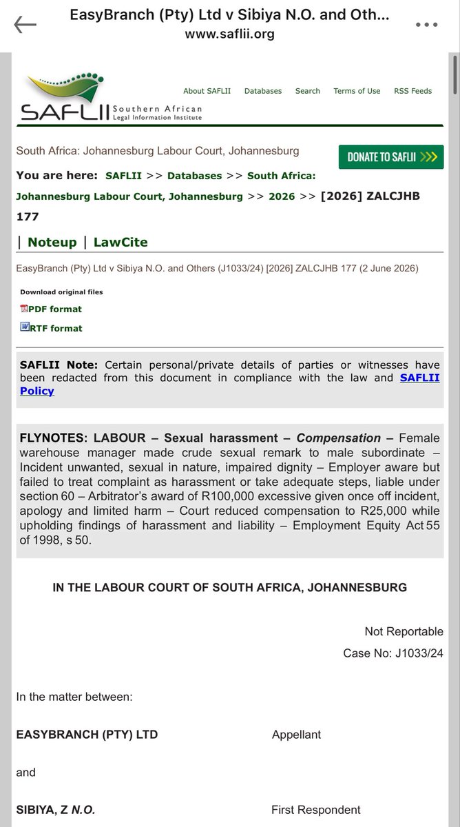 Attorney_Bae's tweet photo. Sexual harassment in the workplace:

An employer was ordered to pay its employee compensation in the amount of R25,000 after a female warehouse manager made crude sexual remark to her male subordinate. https://t.co/uFZweNVqwN