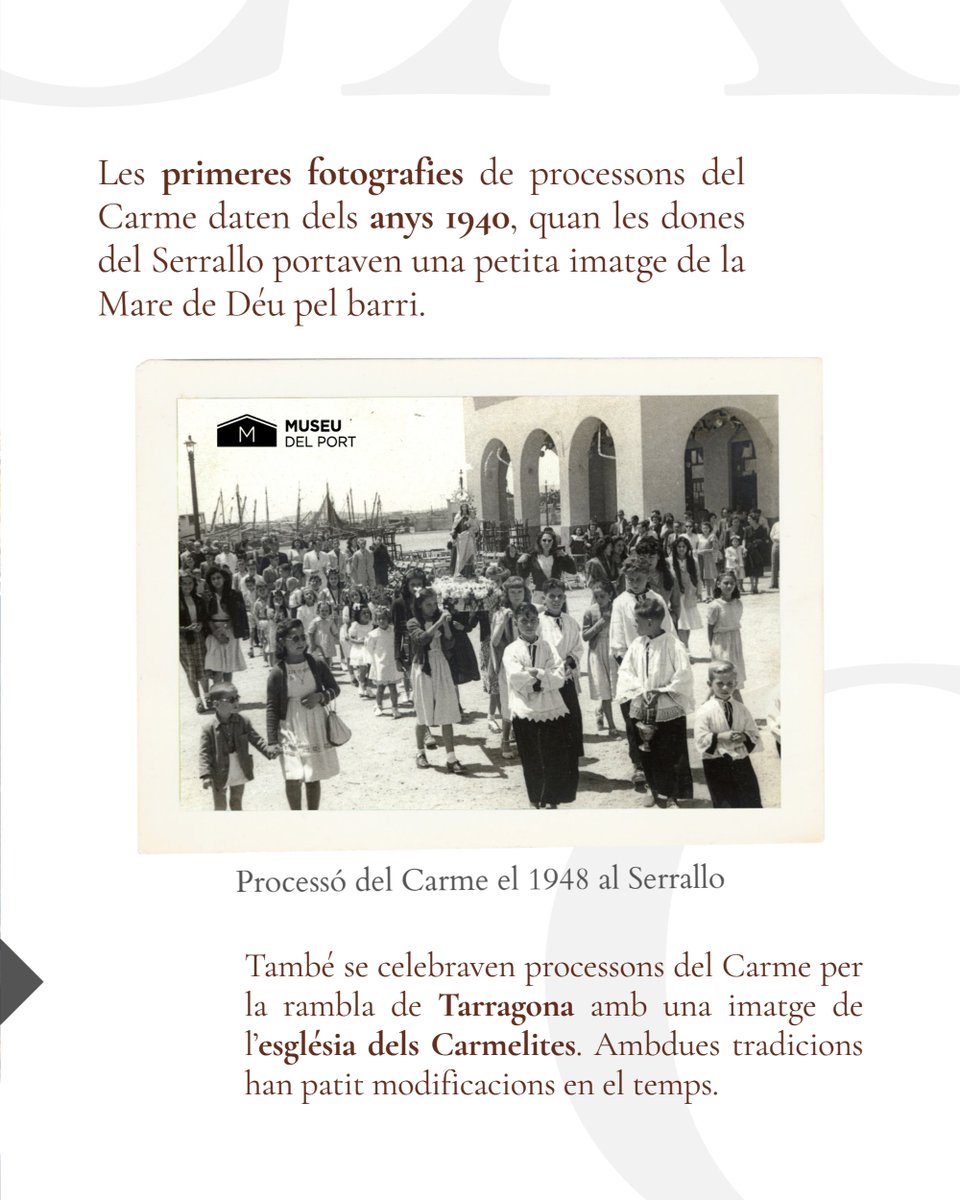 PortTarragona's tweet photo. 🥳 Comencen les festes en honor a la 𝐩𝐚𝐭𝐫𝐨𝐧𝐚 𝐝𝐞𝐥 𝐏𝐨𝐫𝐭 i el barri marítim.
La Mare de Déu del Carme es festeja al Serrallo des de fa un segle, però no sempre d'igual manera.
Coneix com ha sigut la celebració al llarg del temps!
#FestaCarme #elSerrallo https://t.co/akjRw9VYBN