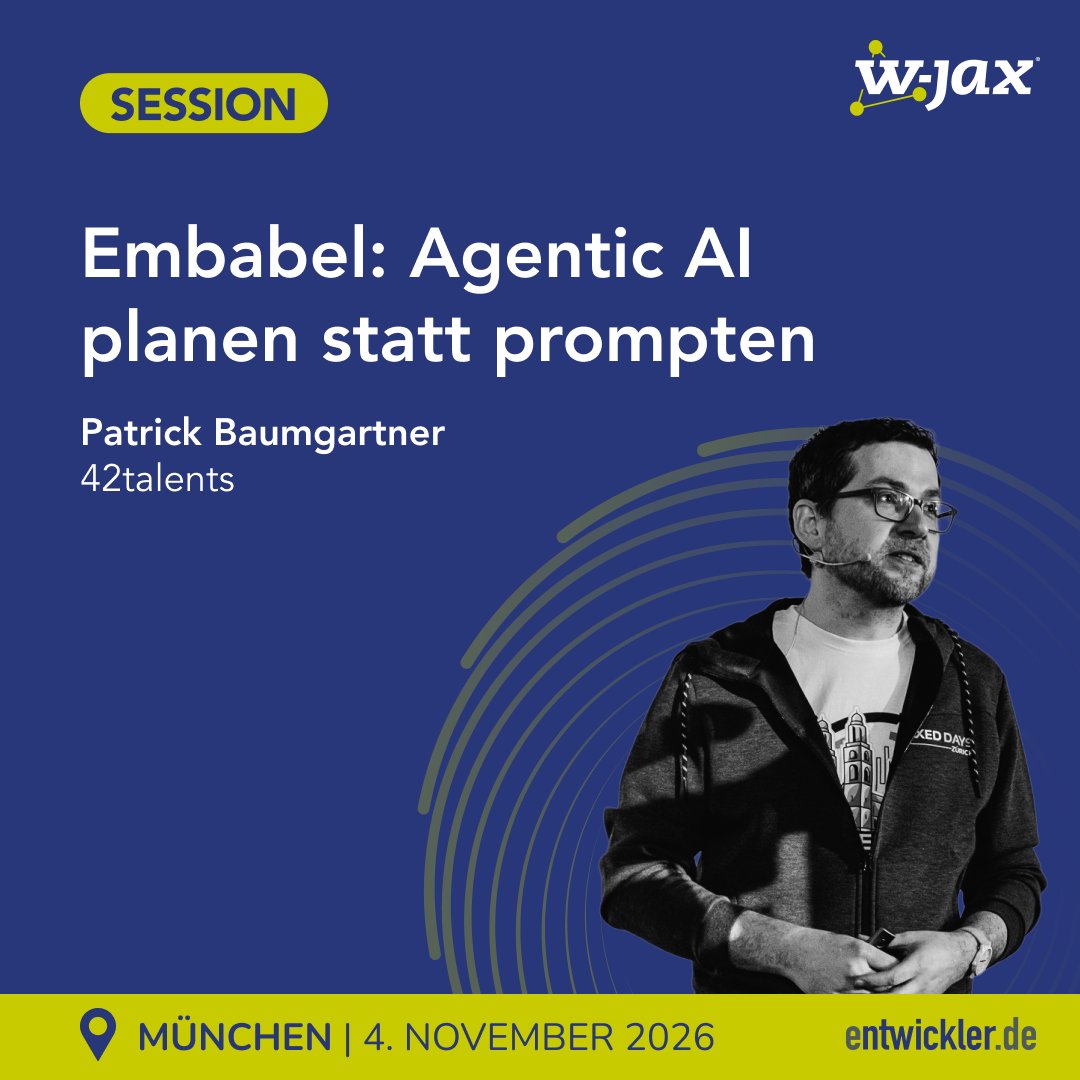 jaxcon's tweet photo. 🤖 AI Agents brauchen mehr als Prompt Chaining.
@patbaumgartner zeigt auf der W-JAX, wie Embabel mit GOAP kontrollierbare, erklärbare und testbare Agents ermöglicht.
📅 04.11. | 11:45
🔗 https://t.co/5pj3j7pViD
#jaxcon https://t.co/H8RZKiIZPL