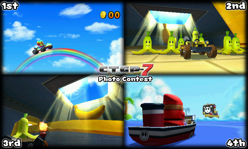 Ctgp7's tweet photo. We have celebrated a Photo Contest in our Discord server using the new CTGP-7 Photo Mode. Here are the 12 winners. Congratulations!

1. Fa☆Logamer: "Kirby drives on the rainbow 🌈"
2. GoldMario77: "Banana Bunch"
3. W~Lurantis: "Daddy?"
4. W~Lurantis: "Is that my weird cousin?" https://t.co/CgsRhU7zQE