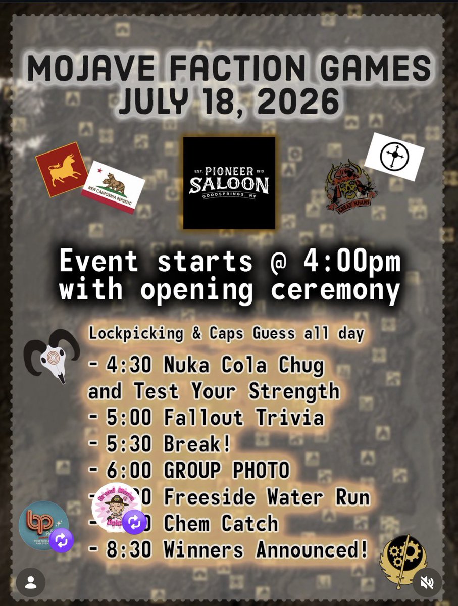 PioneerSaloon13's tweet photo. Don’t risk FOMO! The Mojave Faction Games are this Saturday, July 18th and there is no admission charge.
#goodsprings #pioneersaloon #fallout #falloutnewvegas #games https://t.co/hZs0HTPbDw
