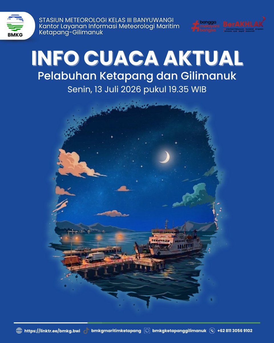 BMKG_bwi's tweet photo. ⚓ Beraktivitas di Pelabuhan Ketapang &amp; Gilimanuk?
Informasi cuaca aktual telah diperbarui sebagai gambaran kondisi terkini untuk beraktivitas di area pelabuhan.
Cek info terbarunya di sini 👆
#SelatBali #Ketapang #Gilimanuk #Cuaca #Maritim #BMKG https://t.co/arjemmbo9u