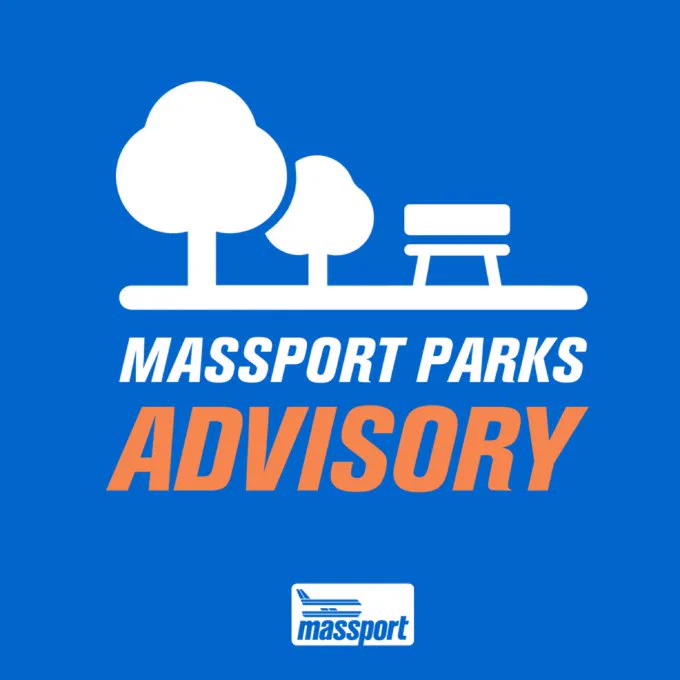 Massport Parks Advisory graphic with white silhouettes of two trees and a bench on a blue background. The word "Advisory" is highlighted in orange. Massport logo at the bottom.