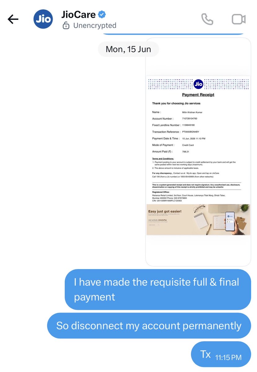 mitinkkumar's tweet photo. @JioCare ref attached: you said to pay all the dues. Accordingly, I did the full &amp; final payment. https://t.co/a8J7c2nZcd