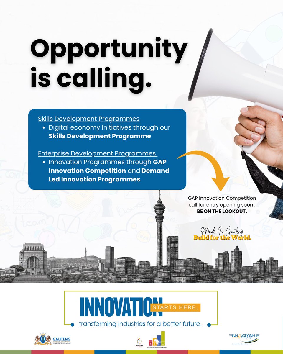 InnovHub's tweet photo. Opportunity is calling. 

Whether you’re building new digital skills or turning a bold idea into a thriving business, your journey starts here.

The GAP Innovation Competition call for entries is opening soon. Stay tuned.

#InnovationStartsHere #GAPInnovationCompetition #BuildForTheWorld