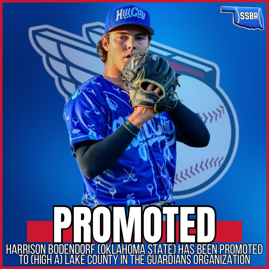 SoonerStateBSBL's tweet photo. 𝙋𝙍𝙊𝙈𝙊𝙏𝙀𝘿

Two Oklahoma State alums are being promoted in the Cleveland Guardians organization 

Nolan Schubart is going to (AA) Akron and Harrison Bodendorf is heading to (A+) Lake County

Schubart has an OPS of .919 with 20 HR and 69 RBI in 75 games in High A

Bodendorf has an ERA of 2.84 in 38 IP with 54 K vs 17 BB at Class A

#SoonerStatePros | #GoPokes