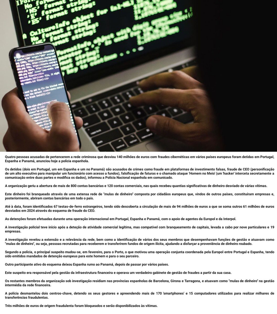 pacos_em's tweet photo. Detidos em Portugal elementos de rede de fraudes na Internet que desviou 140 milhões de euros https://t.co/Ie1fk7al65