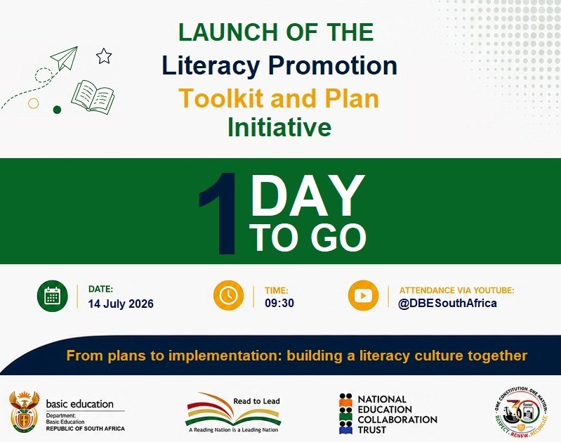 DBE_SA's tweet photo. The countdown continues!

Just 1 day to go until the Department of Basic Education, in partnership with the NECT and literacy partners, officially launches the National Literacy Promotion Toolkit Initiative.

Taking place from 14–16 July 2026 at Emperors Palace in Kempton Park, the National Launch and Capacity Building Workshop will bring together education stakeholders from across the country under the theme, "From Plans to Implementation: Building a Reading Culture Together."

The official launch proceedings on Tuesday, 14 July 2026, will be livestreamed on the Department of Basic Education's YouTube channel.

Follow the livestream here:  https://t.co/aAalYz8roz

#ReadToLead #AReadingNation #StrongFoundationsStrongFutures #LiteracyPromotion
#EducationZA #GovZAUpdates