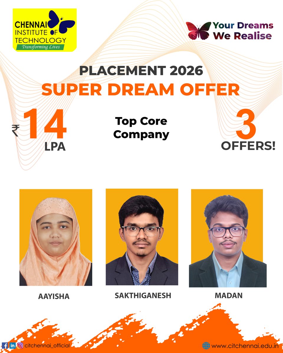 citchennai's tweet photo. Congratulations to Aayisha, Sakthiganesh & Madan of CIT Chennai on securing Super Dream Offers with a Top Core Company at an impressive ₹14 LPA! 🚀 Wishing them continued success in their careers.
#CITChennai #Placement2026 #SuperDreamOffer #CampusPlacements #CoreEngineering https://t.co/REjyBKT7vO