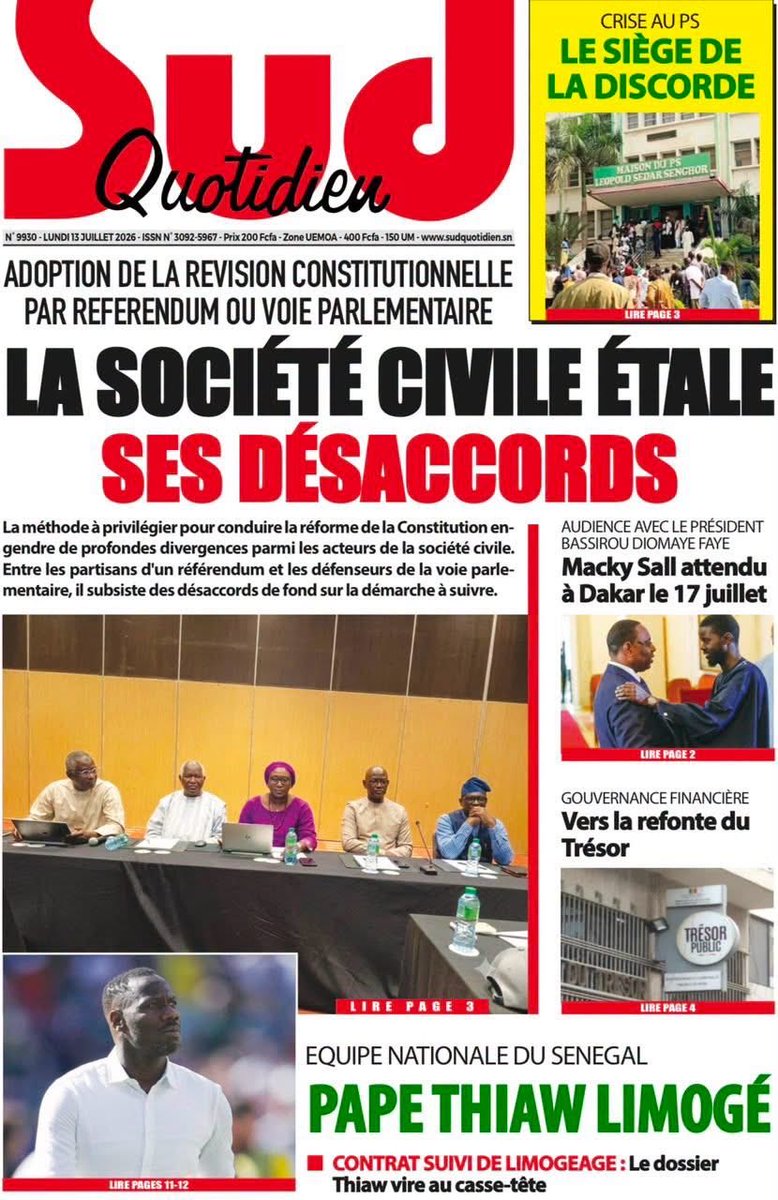 Mo_Njaay's tweet photo. #RevueDePresseSn du Lundi 13 Juillet 2026. Excellente semaine à toutes et à tous. #Senegal,#SudQuotidien,#LeSoleilSn,#LibérationSn,#LobsSn https://t.co/LRjlMKvCpo