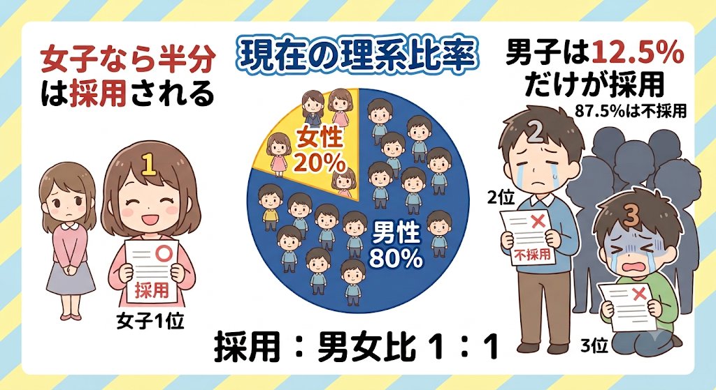 spit_flower's tweet photo. 京都大学の狂気の計画。

・教員採用の2人に1人を女性に
・これを25年間続ける
・なお理工系博士の現在の男女比は８：２

候補者が10人いたら8人が男だが、採用されるのは1人だけ。10人中女は2人で、どちらかは必ず採用される。

これで研究力が国際的に卓越する！と思えるの、もはや宗教的盲信だろ。 https://t.co/YH8RWO7fG4