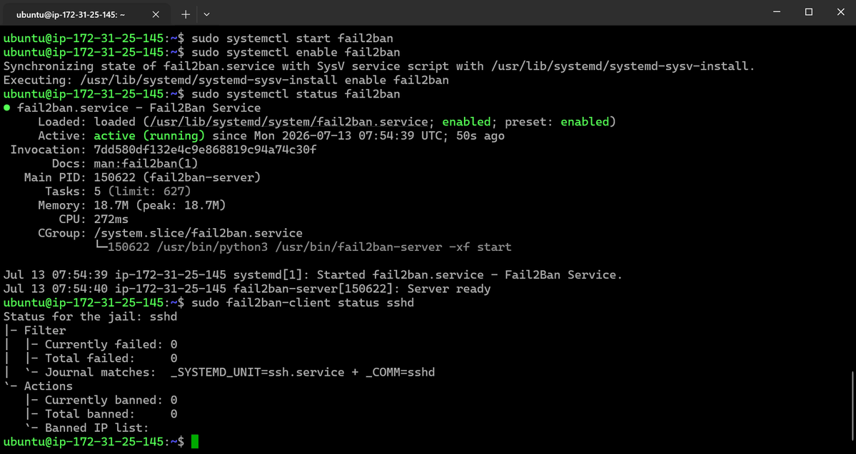 aashishhq's tweet photo. #LSPPDay43 — Hardened my EC2 server today! UFW firewall blocking everything except necessary ports, Fail2ban banning brute-force SSH attempts after 3 tries, password auth disabled, and automatic security updates enabled 
@lftechnology #60DaysOfLearning2026 #LearningWithLeapfrog https://t.co/diPxw8gmPC
