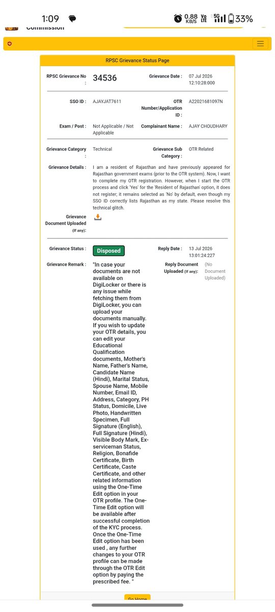 Ajay6377555's tweet photo. Dear @RPSC1 @RajSSO,I am facing an OTR technical issue."Are you a Rajasthan Resident?"is locked on No and cannot be changed to Yes, due to which I cannot complete OTR or apply for Rajasthan SET. My previous grievance 34536 was closed with an irrelevant template reply #RPSC #OTR https://t.co/ZGgmDBqofl