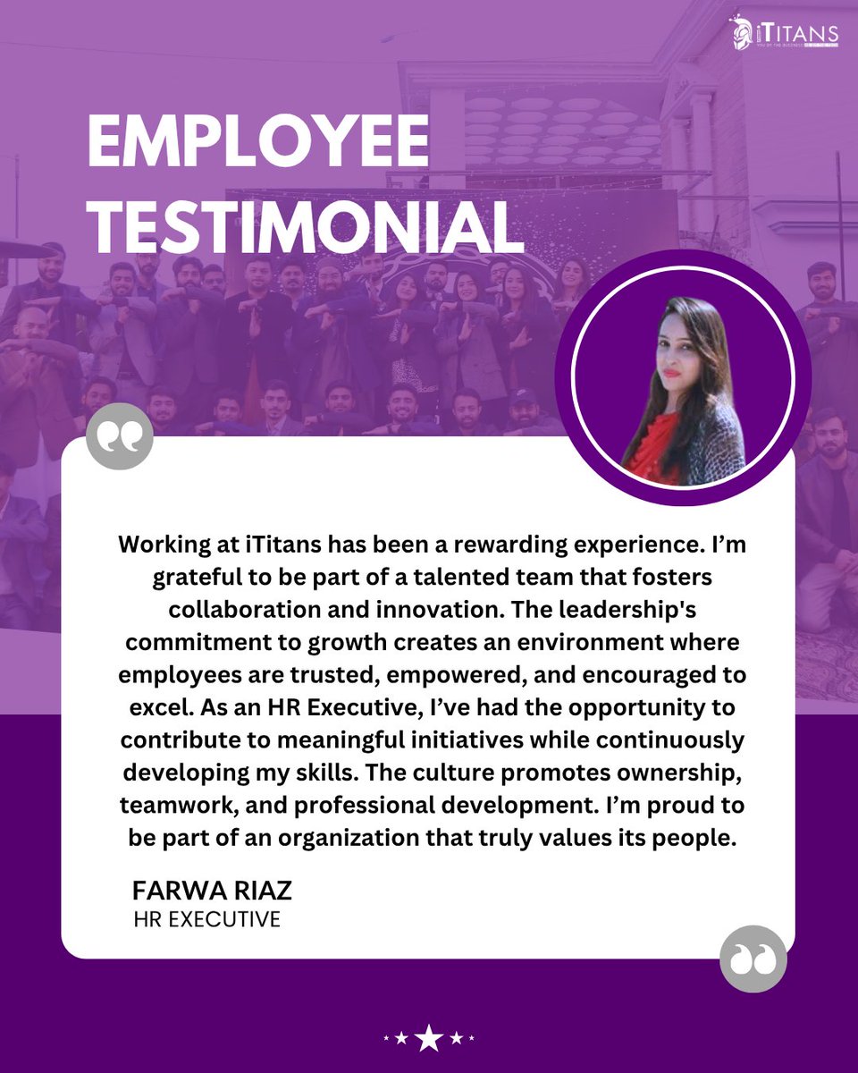 ITitans123's tweet photo. A strong workplace is built on trust, collaboration, and continuous growth. Hearing directly from our team members is the best reflection of the culture we're committed to creating. Here's one of their experiences at iTitans.
#iTitans #EmployeeExperience #EmployeeTestimonial https://t.co/q5wbvnilg3