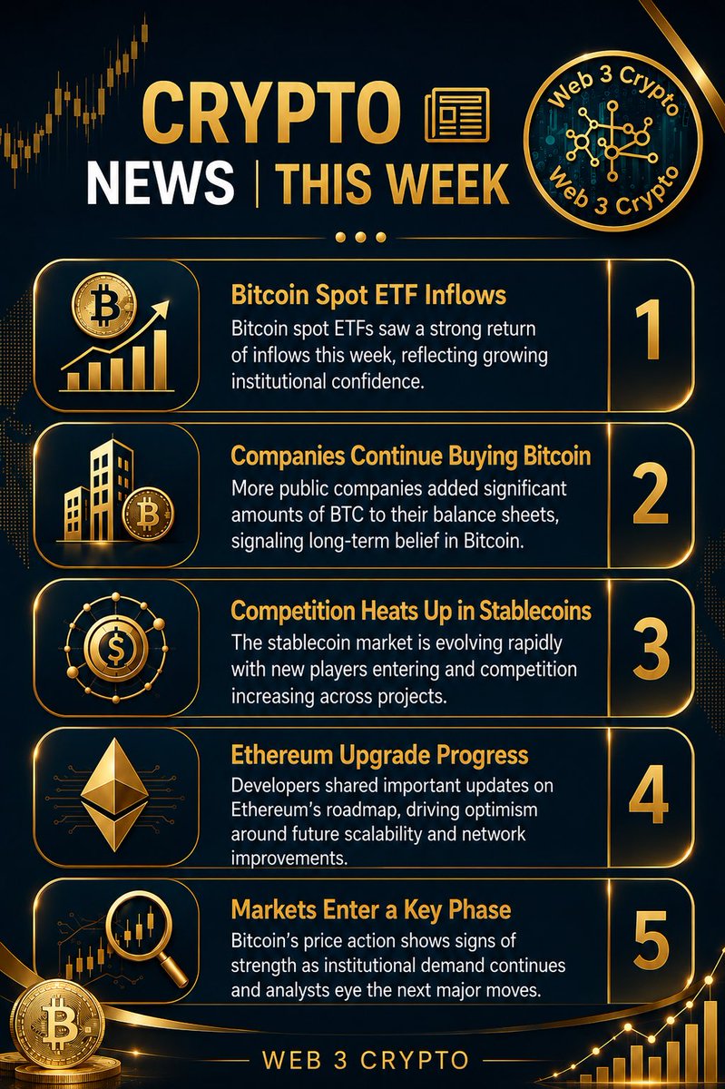 lamia70's tweet photo. From Bitcoin ETF inflows to Ethereum developments and the growing stablecoin race here are the 5 biggest crypto stories you need to know this week.

What do you think will have the biggest impact on the market? 👇

#Bitcoin #BTC #Ethereum #ETH #Crypto #CryptoNews #Web3 #Blockchain #Stablecoins #Investing #DigitalAssets #CryptoCommunity #Altcoins #Finance #XCrypto