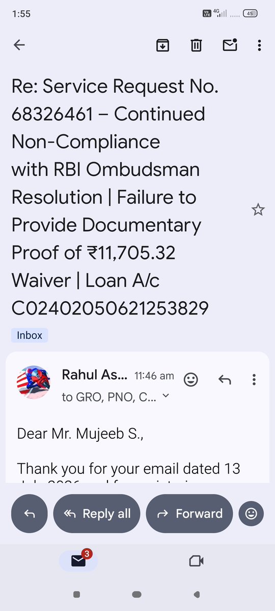 rahulasari1's tweet photo. @LnTFinance
Despite repeated emails, you have failed to provide documentary proof of the ₹11,705.32 waiver promised under @RBI Complaint No N202627001002334 Recovery agent Sarika Koshthi (9998407585) used abusive language
Provide the revised SOA and waiver proof
@jagograhakjago https://t.co/z7L4Z7B5en
