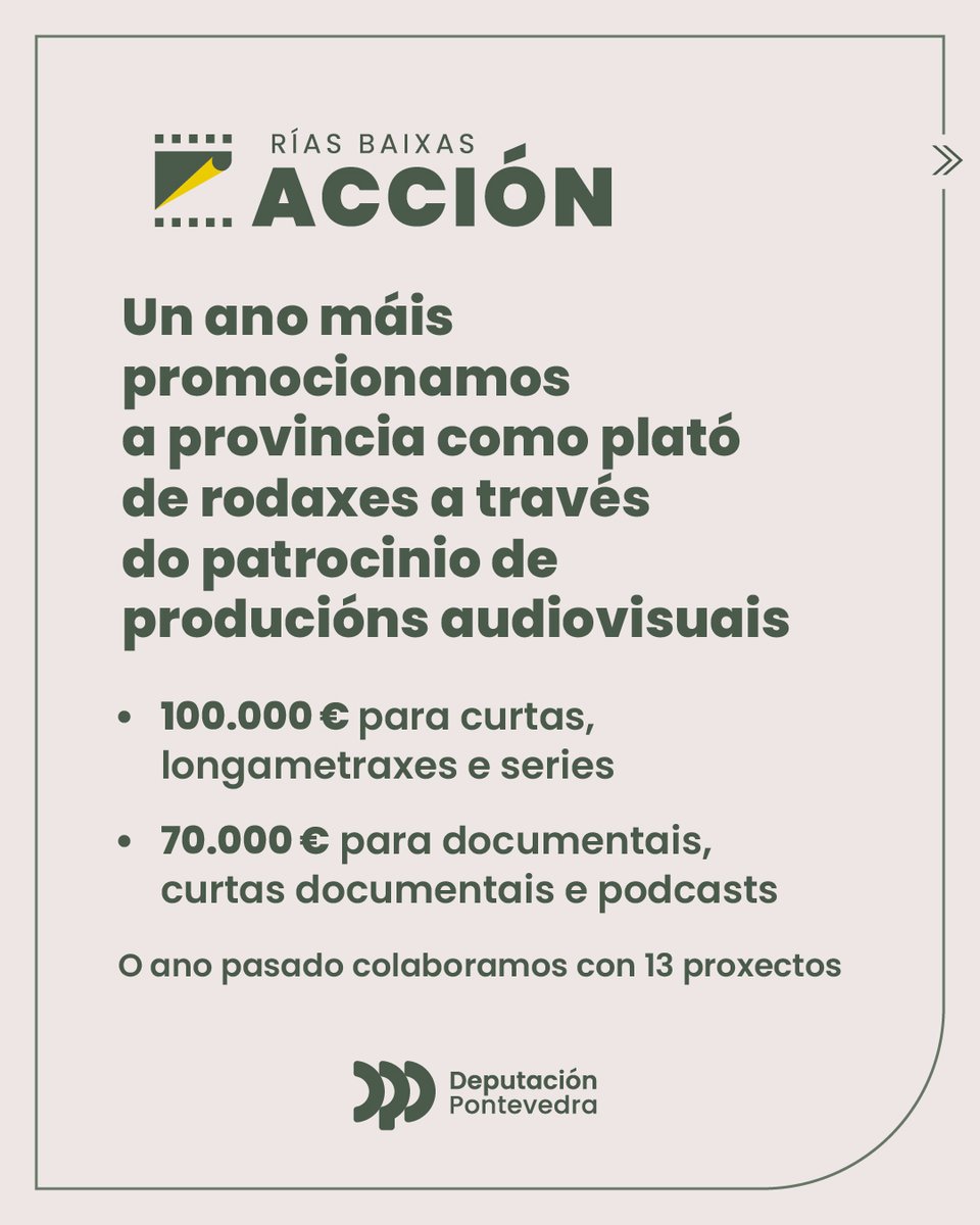 depo_es's tweet photo. 🎥 Patrocinamos longametraxes, curtametraxes e series rodadas na provincia de Pontevedra

Consolidamos o noso apoio á industria audiovisual a través da iniciativa Rías Baixas Acción

Solicitude de axudas aberta 👉 https://t.co/3PVw3dJ1Pi https://t.co/86kzv9pyC7